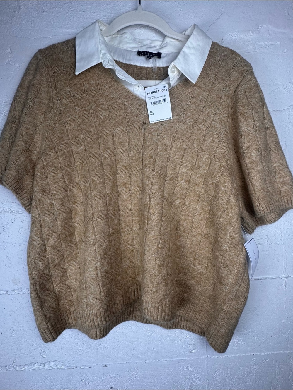 1.STATE Layered V-Neck Short Sleeve Cable Knit Sweater XL Latte Heather Collar